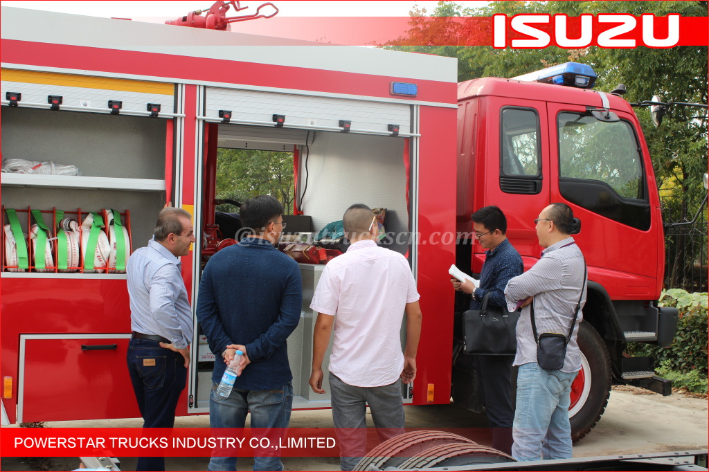 Los clientes rusos inspeccionan el camión de bomberos de la licitación del fuego del camión de bomberos de la espuma de Isuzu FVR