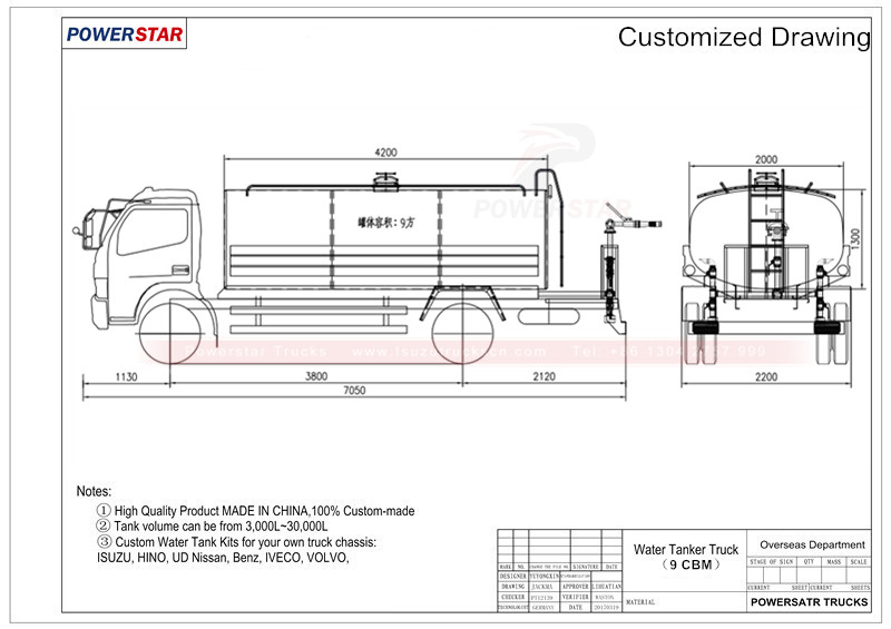 Technical drawing for Isuzu water bowser tanker trucks