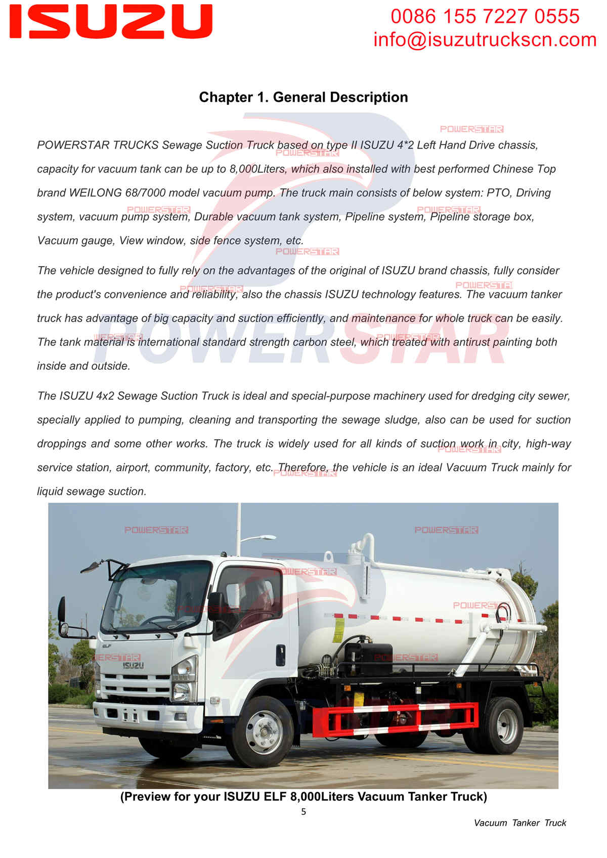 Manual del camión cisterna de vacío ISUZU 700P ELF 8cbm