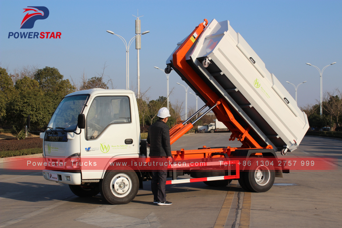 Mini camión de basura Powerstar de 3 toneladas con gancho elevador para ST. PEDROS
    