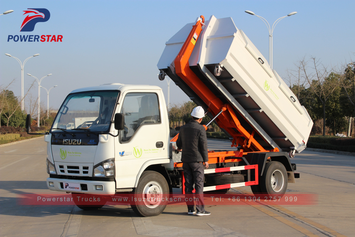Camión de basura Isuzu de recolección de basura con gancho elevador de 3 toneladas y 5 toneladas
    