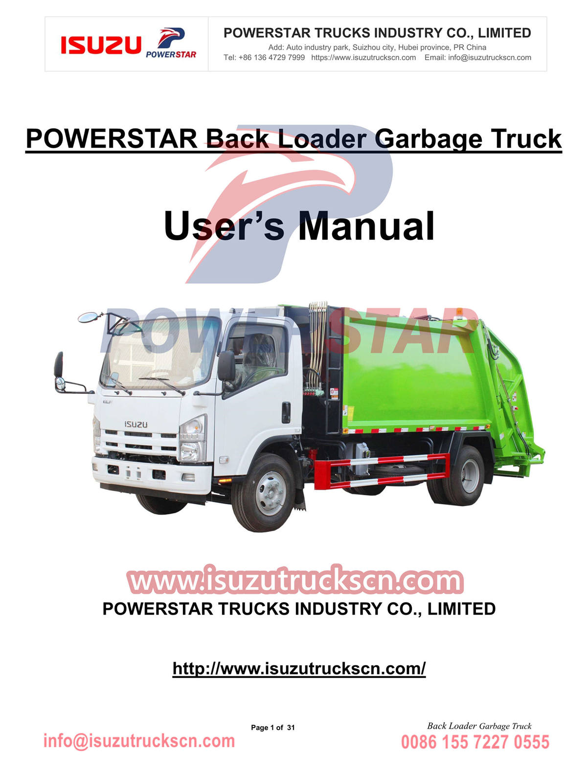 Manual del usuario del camión de basura con cargador trasero ISUZU NPR 10cbm de Cabo Verde
    