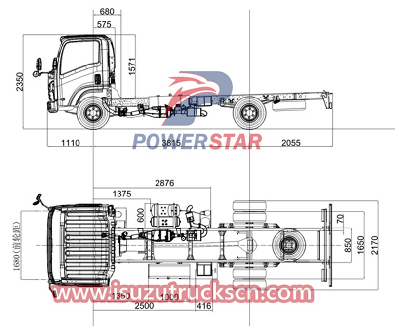 Dibujos técnicos del chasis Isuzu 700P con distancia entre ejes de 3815 mm