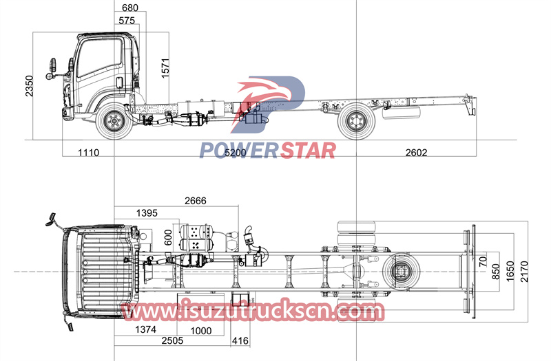 Dibujos técnicos del chasis Isuzu 700P con distancia entre ejes de 5200 mm.