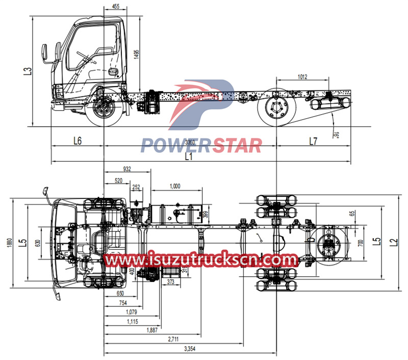 Dibujo técnico del chasis de camión ligero Isuzu NQR NKR 100P.