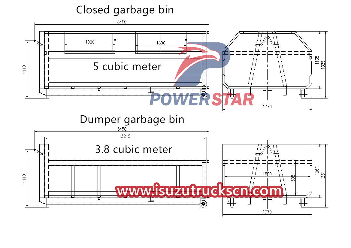 Dibujo técnico de la caja de residuos de 5cbm del camión cargador con gancho Isuzu ELF 600P