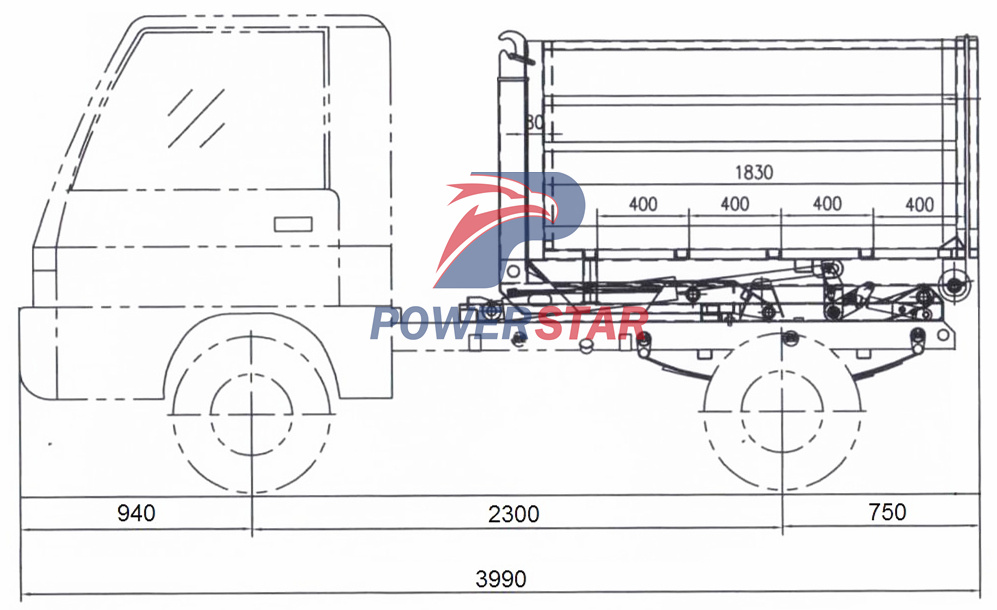 Dibujo técnico del camión cargador de gancho Isuzu ELF 600P