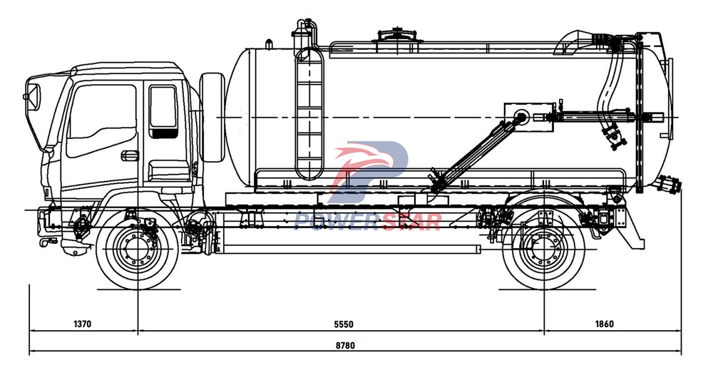 Dibujo técnico del camión cisterna de alcantarillado Isuzu GIGA de 15000 litros.