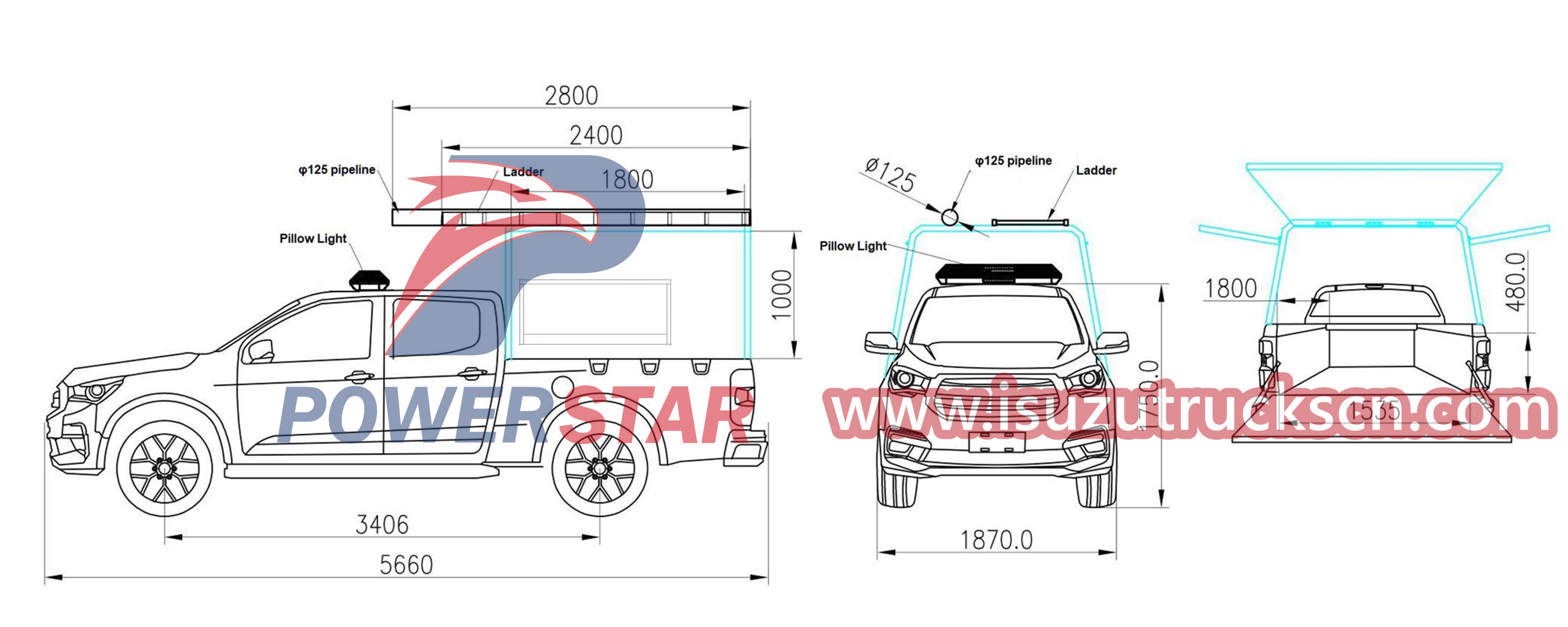 Technical drawing of Isuzu 4x4 utility service truck