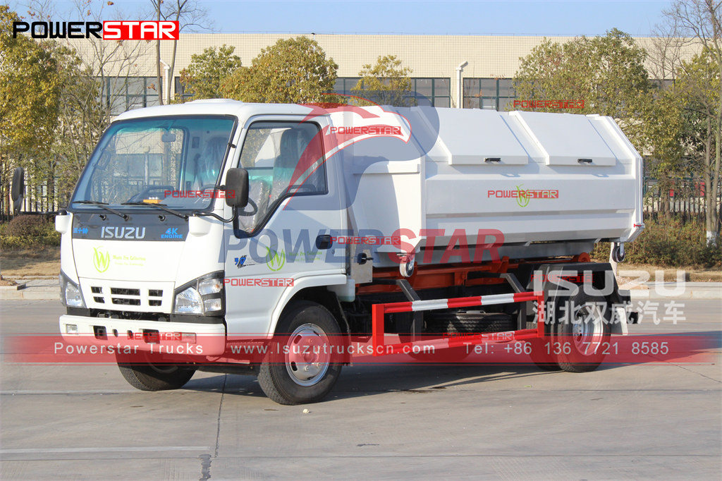 ISUZU NKR 4-6cbm camión con gancho elevador carro desmontable camión de basura exportación a San Martín
    